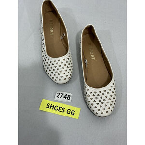 Youth Girls Reports Wanda Size 3 White Gold Hearts Slip On Flat Ballet Shoes